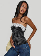 Ettore Lace Trim Strapless Top Black Polka