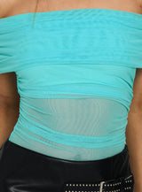 Dreamscapes Off Shoulder Mesh Bodysuit Blue