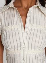 Deserve You Puff Sleeve Button Front Top Cream Stripe