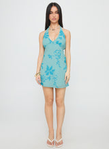 Yasira Halter Mini Dress Blue Floral
