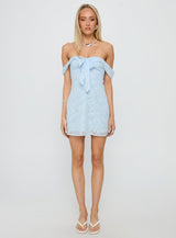 Christiana Off Shoulder Mini Dress Light Blue Burnout
