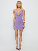 Indi Halter Cowl Neck Mini Dress Purple Shimmer