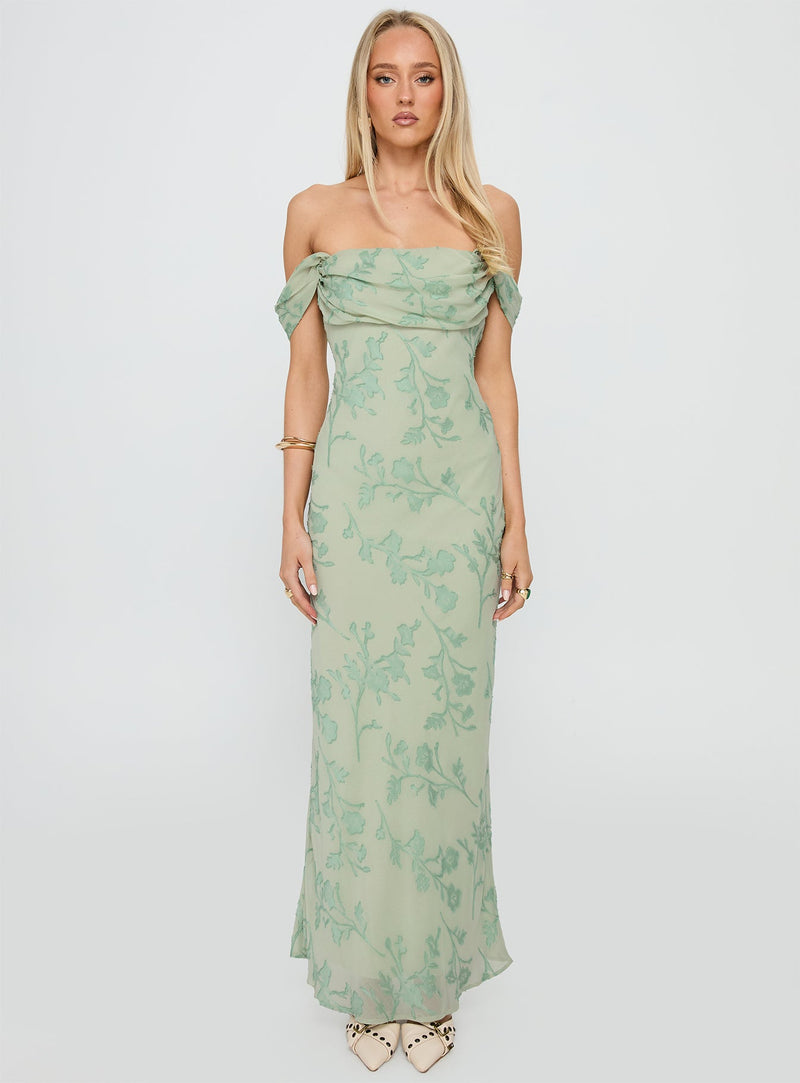 Azura Off The Shoulder Maxi Dress Green Burnout