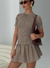 Laurita Shirred Mini Dress Brown Check