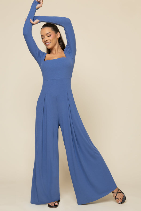 Go With The Flow Long Sleeve Jumpsuit - Blue Horizon