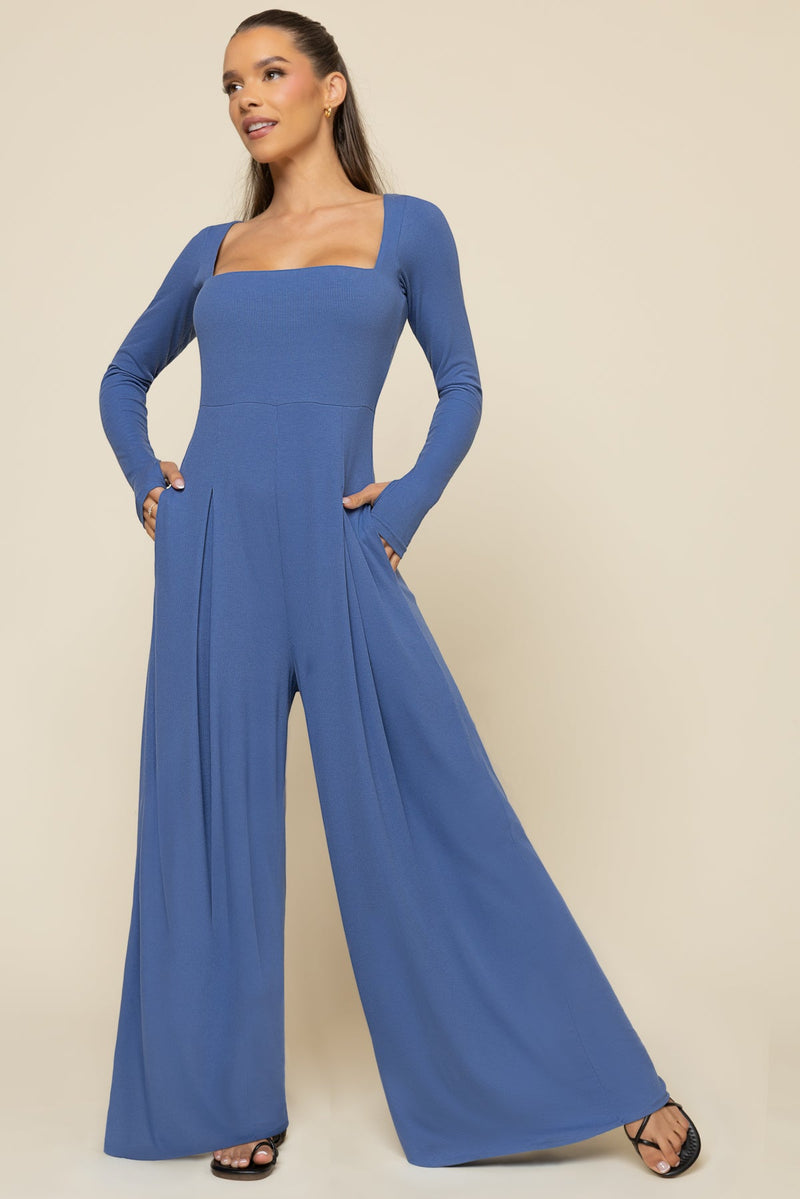 Go With The Flow Long Sleeve Jumpsuit - Blue Horizon