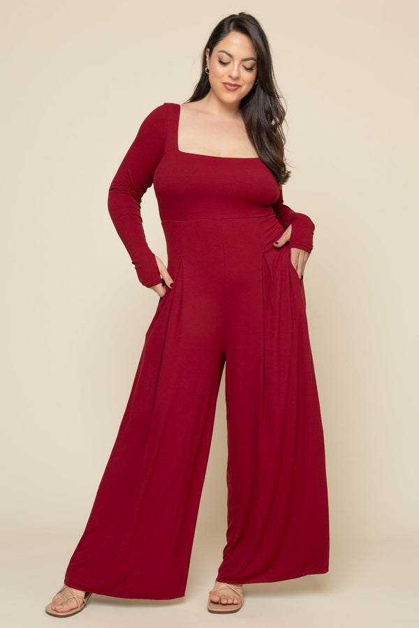 Go With The Flow Long Sleeve Jumpsuit - Deep Cherry