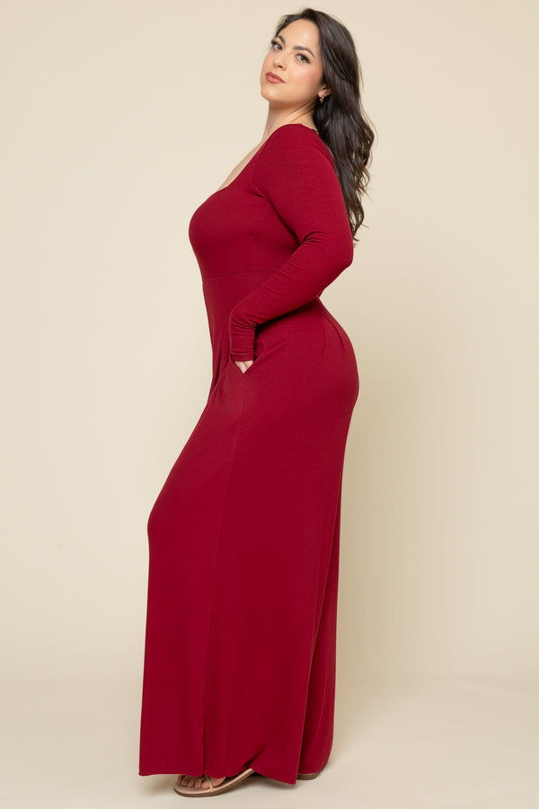 Go With The Flow Long Sleeve Jumpsuit - Deep Cherry