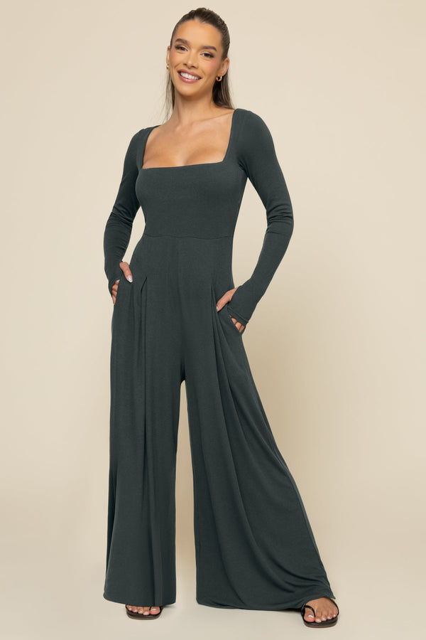 Go With The Flow Long Sleeve Jumpsuit - Deep Forest