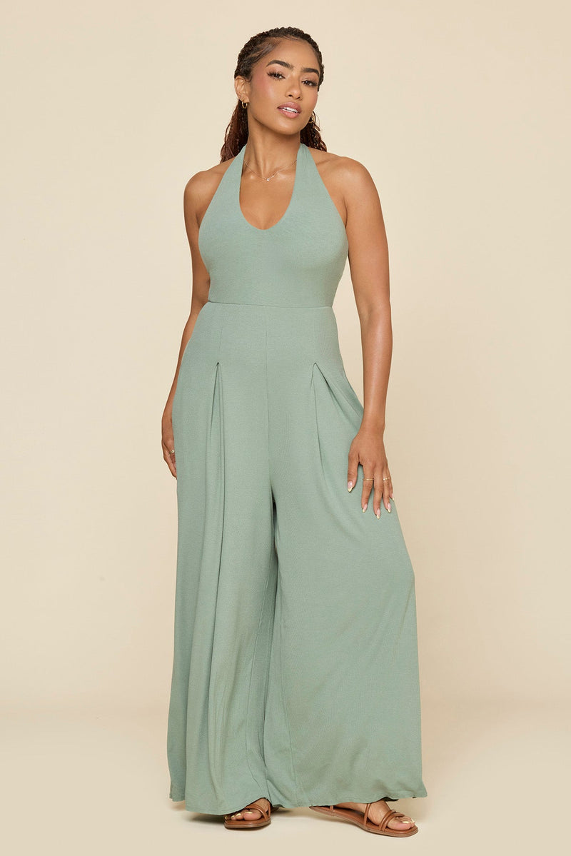 Halter Go with the Flow Jumpsuit - Evening Moss